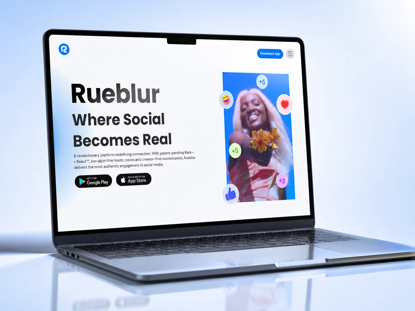 Rueblur website presented on a laptop mockup